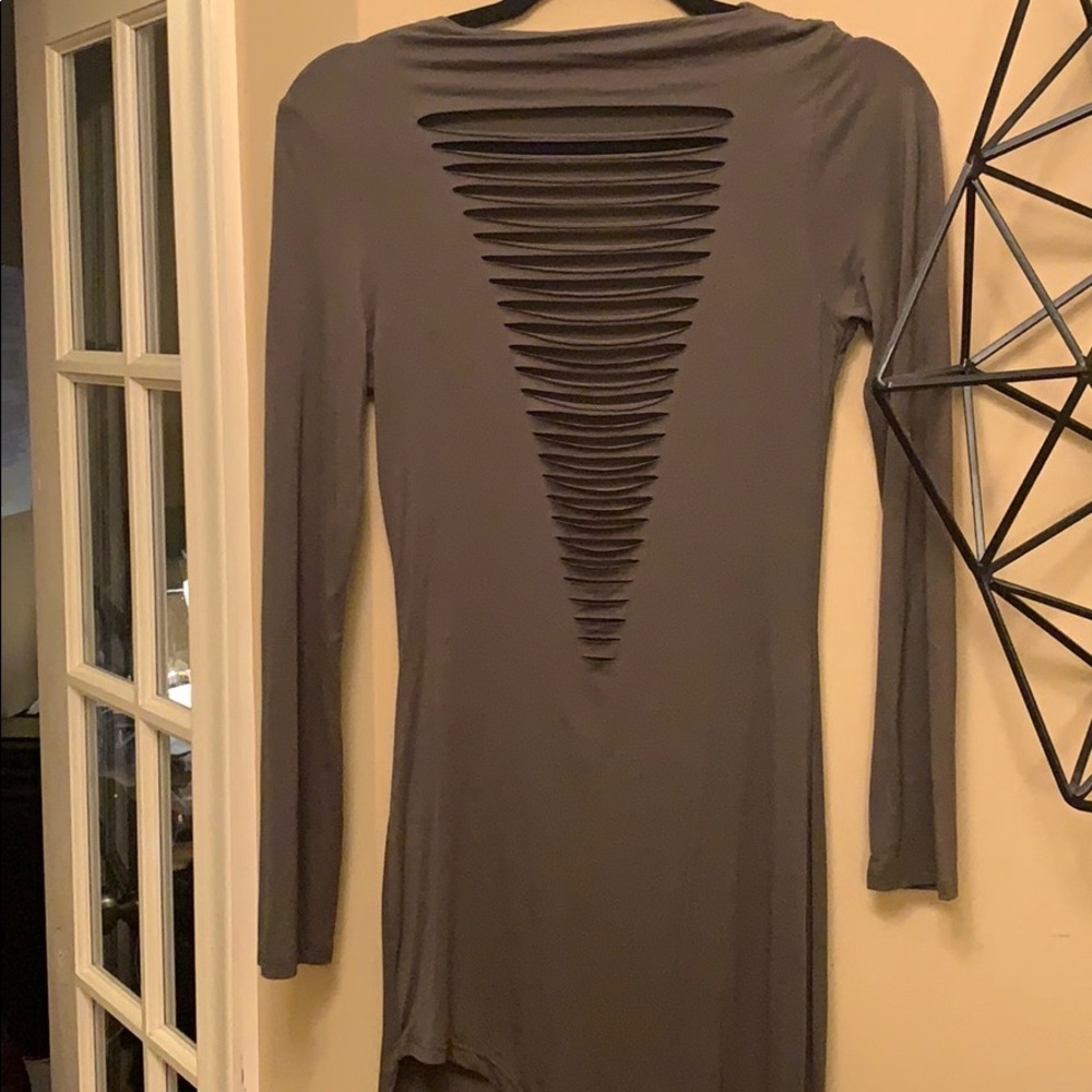 NWOT Love J Bodycon, midi length, long-sleeved, asymmetrical hem dress - Picture 4 of 9